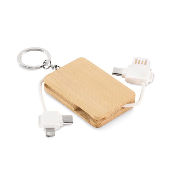Cargador portátil de madera con llavero, ideal como regalo publicitario personalizado para empresas y eventos promocionales.
