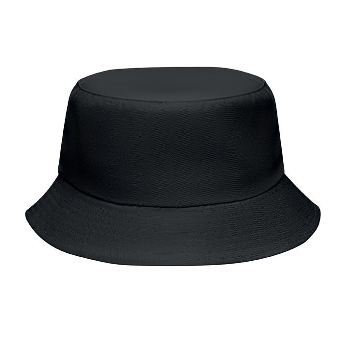 Sombrero tipo bucket negro personalizado con logo, ideal para promociones, eventos y regalos publicitarios de empresas.