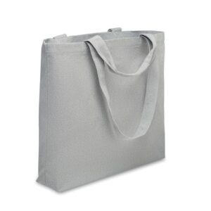Bolsa de tela gris personalizada con logo, ideal para promociones, eventos y regalos publicitarios para empresas.