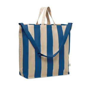 Bolsa de tela personalizada con rayas azules y beige, ideal para promociones y eventos corporativos. Regalo publicitario útil.