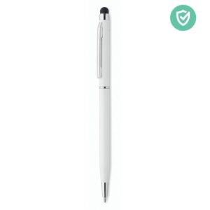 Bolígrafo blanco personalizable con logo, ideal para promociones, eventos y regalos publicitarios para empresas.