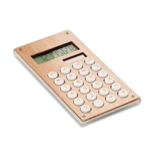 Calculadora de madera personalizada, ideal como regalo publicitario para empresas en promociones y eventos. Funcional y ecológica.
