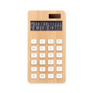 Calculadora de madera personalizada con logo, ideal como regalo publicitario para empresas, promociones y eventos.