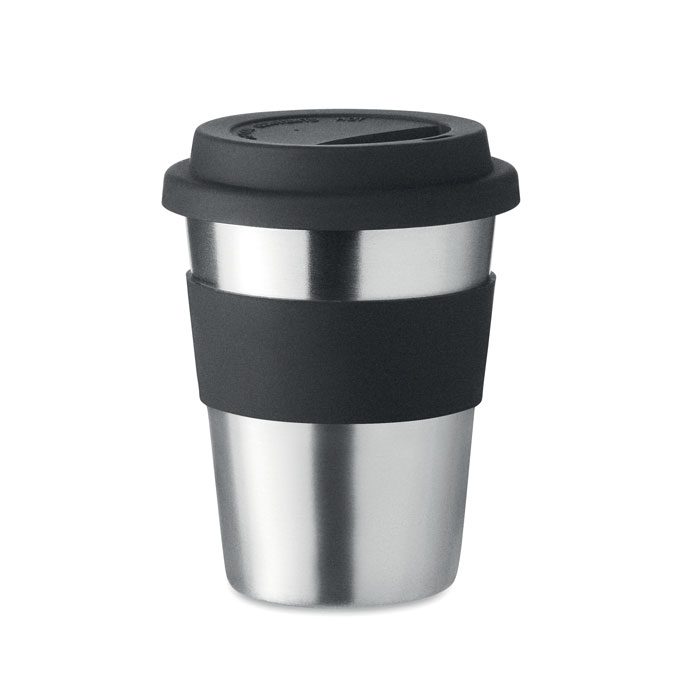 Taza de acero inoxidable personalizada, ideal para promociones y eventos corporativos, con logo para potenciar tu marca.
