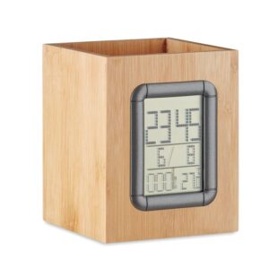Reloj digital de madera personalizado, ideal como regalo publicitario para empresas en eventos y promociones.