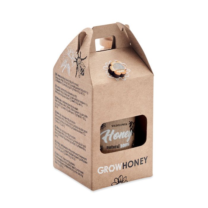 Tarro de miel en envase ecológico, ideal como regalo publicitario personalizado para empresas en eventos y promociones.