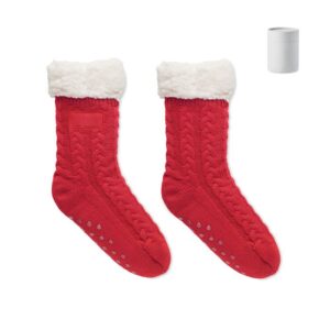 Calcetines navideños personalizados con logo, ideales como regalos publicitarios para empresas en promociones y eventos.