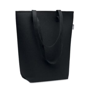 Bolsa tote negra personalizada con logo, ideal para promociones, eventos y regalos publicitarios para empresas.