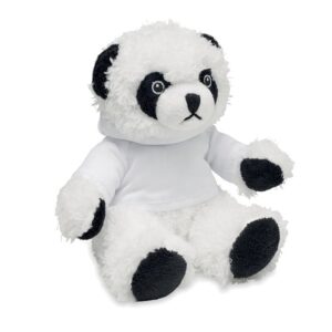 Osito panda de peluche personalizado con logo, ideal para promociones y eventos corporativos, un regalo publicitario único.