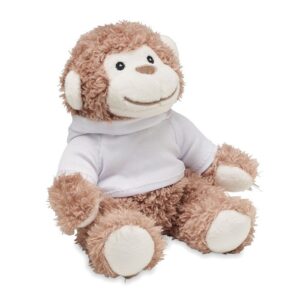 Peluche de mono personalizado con logo, ideal para regalos publicitarios en eventos, promociones y publicidad corporativa.