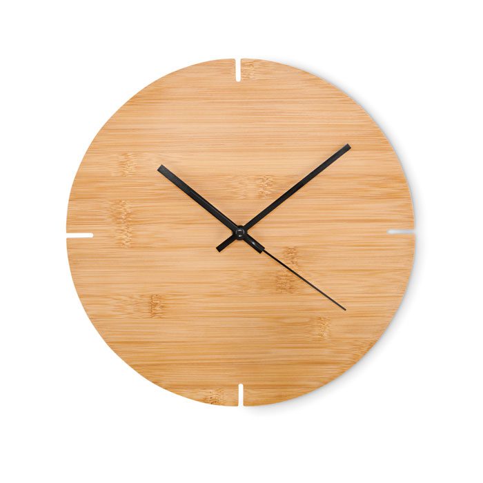 Reloj de pared de madera personalizado con logo, ideal para regalos publicitarios en empresas y eventos promocionales.
