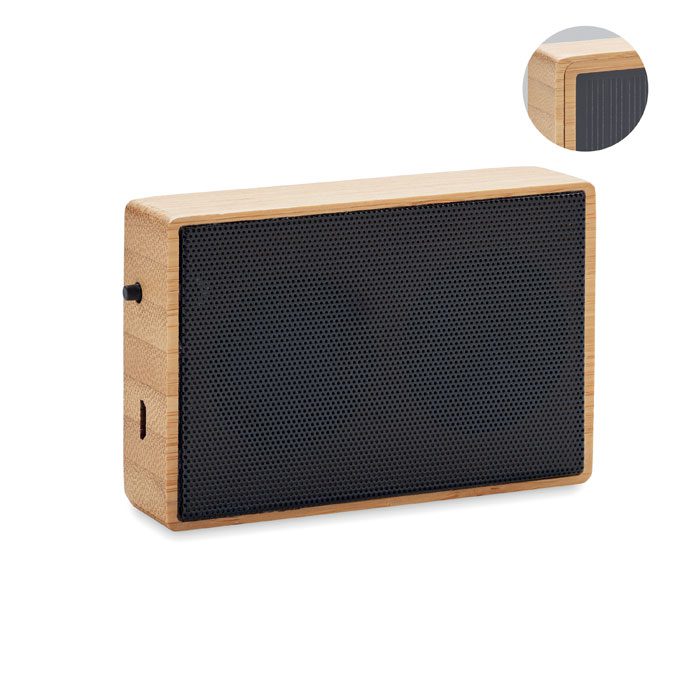 Altavoz de madera personalizado con logo, ideal para promociones y eventos empresariales, combina estilo y funcionalidad.