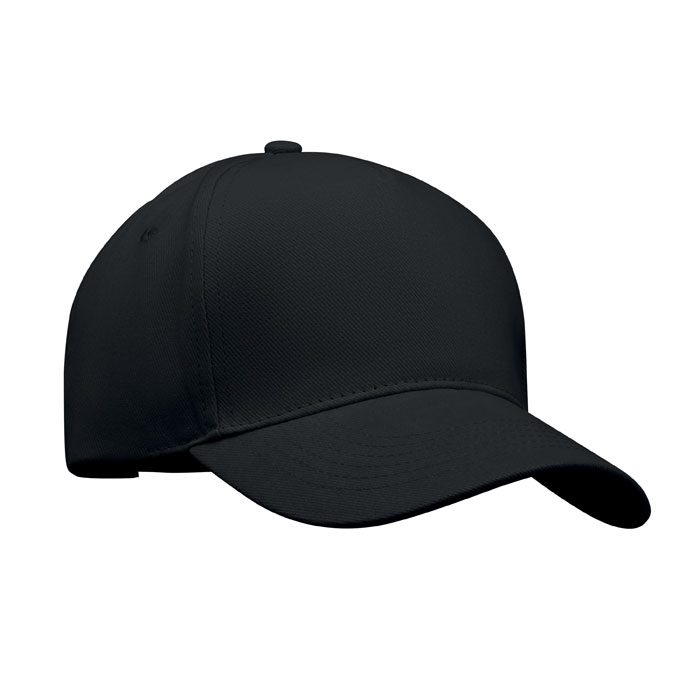 Gorra negra personalizada con logo ideal para regalos publicitarios en eventos, promociones y marketing empresarial.