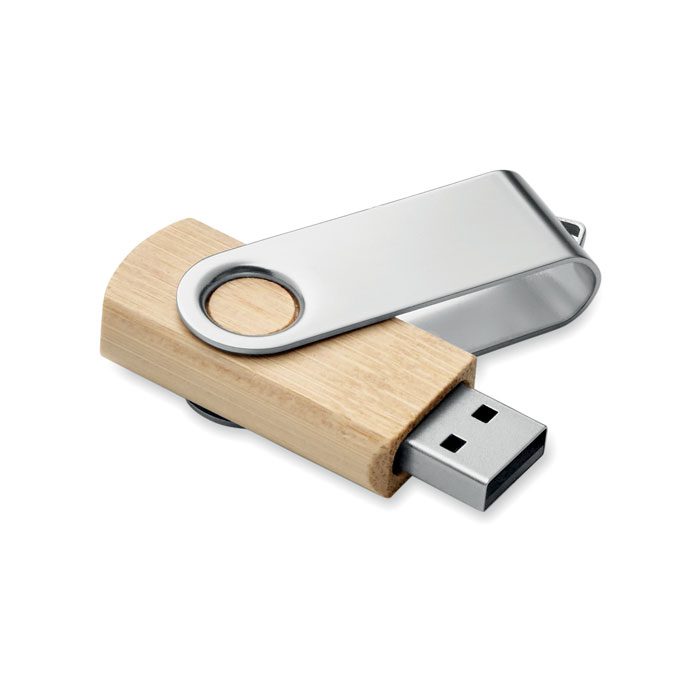 Memoria USB personalizada en madera y metal, ideal para regalos promocionales con logo para empresas y eventos.