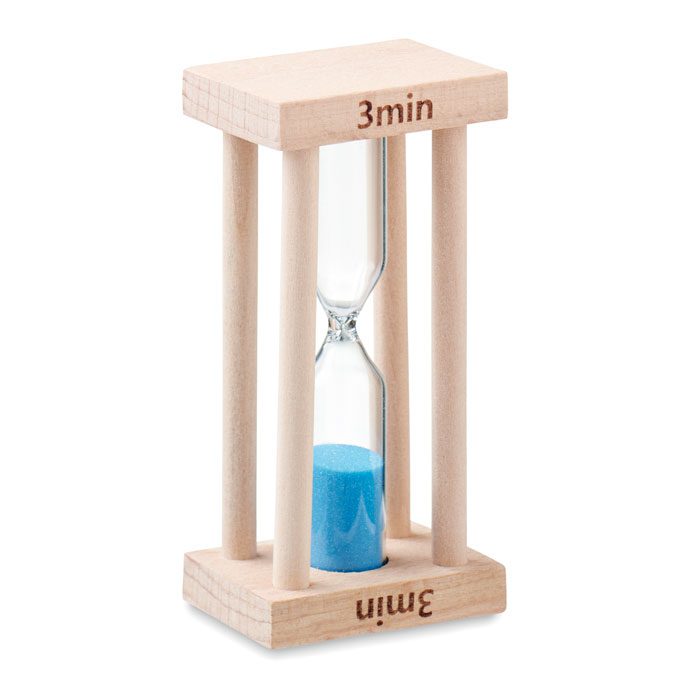 Reloj de arena de madera personalizado, ideal como regalo publicitario para empresas en promociones y eventos.