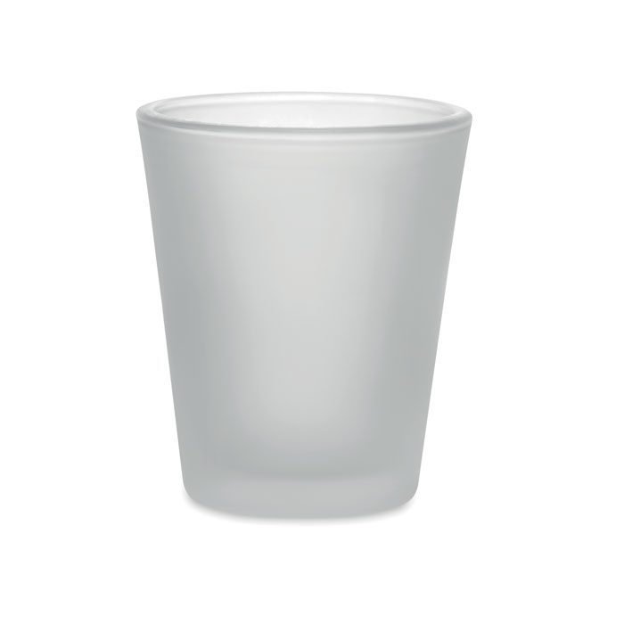Vaso de vidrio esmerilado personalizado, ideal para regalos publicitarios de empresas en eventos y promociones.