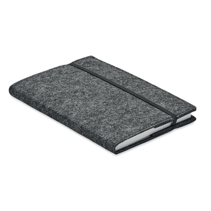 Cuaderno personalizado de fieltro gris, ideal para regalos publicitarios, promociones y eventos de empresas.