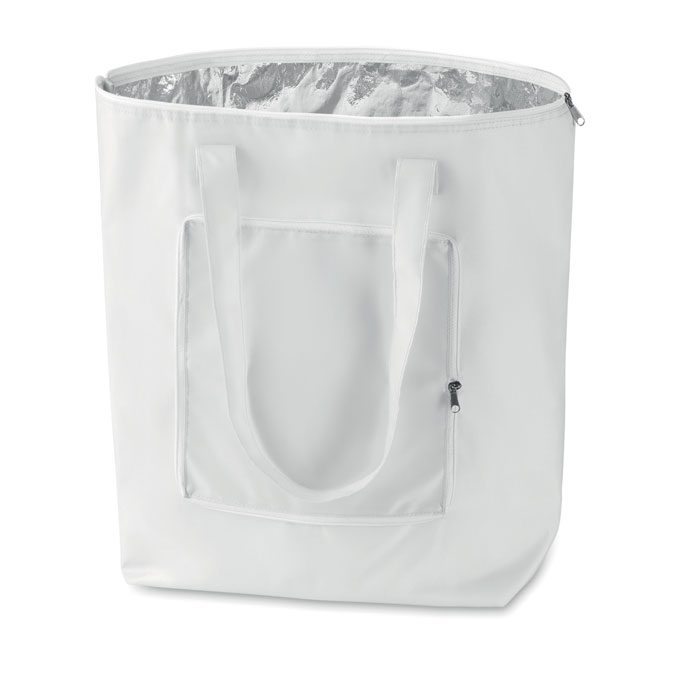 Bolsa de tela blanca personalizada con logo, ideal como regalo publicitario para empresas en eventos y promociones.