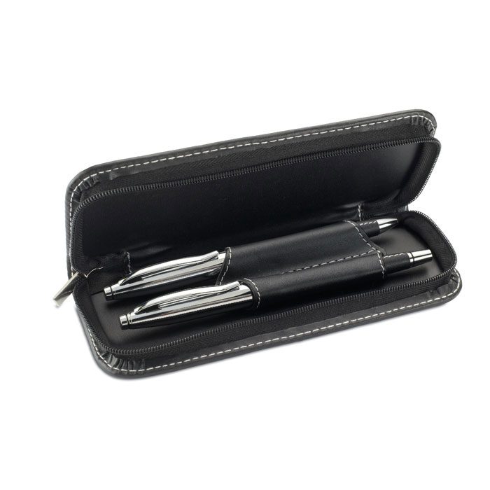 Set de bolígrafos personalizados en estuche elegante, ideal para regalos promocionales en eventos y publicidad empresarial.