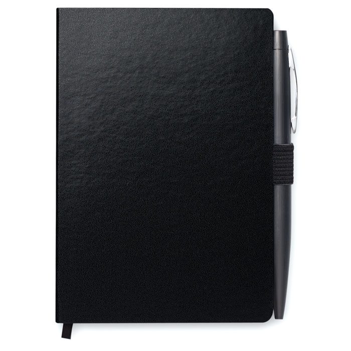 Cuaderno negro personalizado con logo ideal para promociones, eventos y regalos publicitarios para empresas.