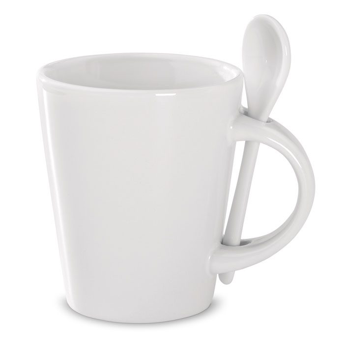 Taza blanca personalizada con logo, ideal para regalos publicitarios en eventos y promociones de empresas.