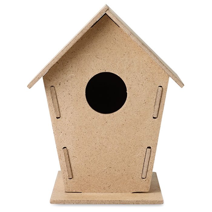 Casa para pájaros de cartón, ideal como regalo publicitario personalizado para empresas en promociones y eventos.