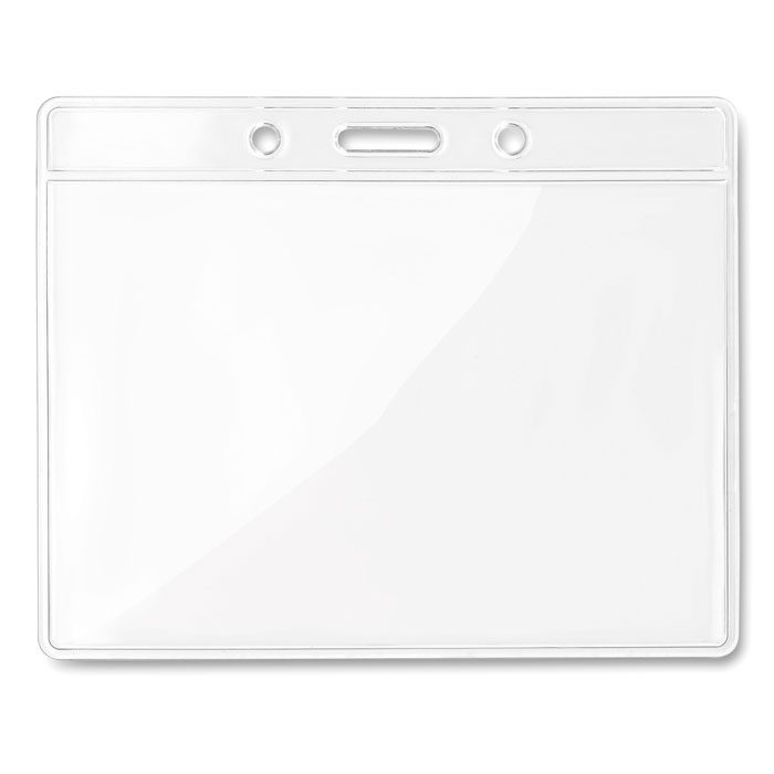 Funda plástica transparente para identificación, ideal como regalo publicitario personalizado para eventos y promociones empresariales.