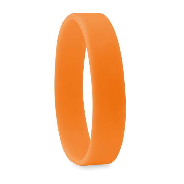 Pulsera de silicona naranja personalizada con logo, ideal para promociones, eventos y regalos publicitarios para empresas.