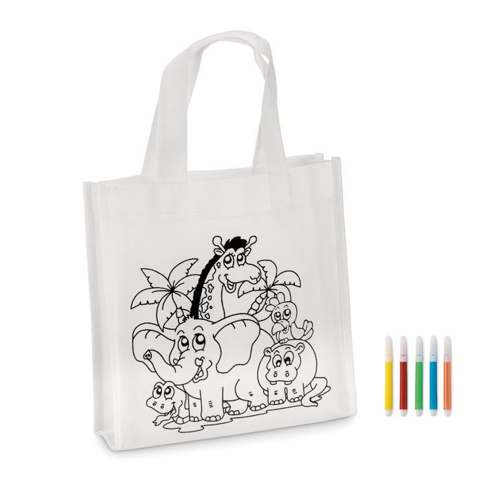 Bolsa de tela personalizable con diseño para colorear, ideal para promociones y eventos corporativos. Regalo publicitario único.