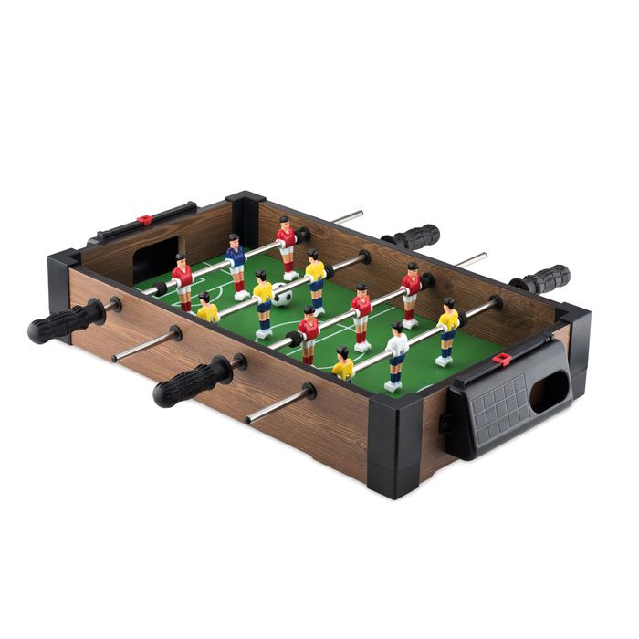 Mesa de futbolín personalizada con logo, ideal para regalos publicitarios en eventos y promociones empresariales.