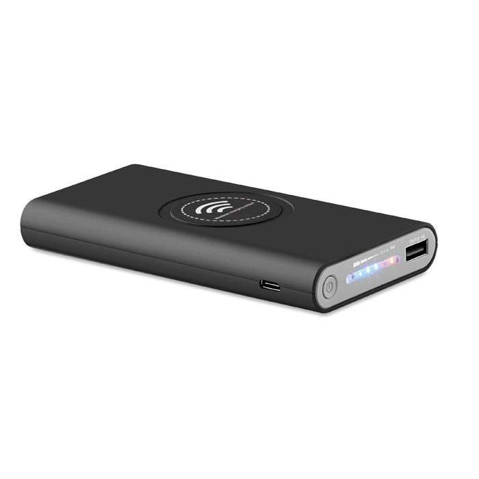 Power bank personalizado con logo ideal para promociones y eventos, ofreciendo carga inalámbrica y conexión USB para dispositivos.