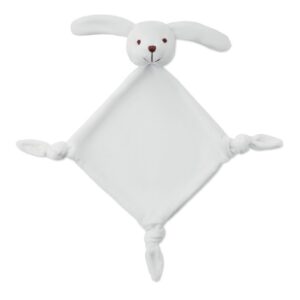 Manta de peluche con forma de conejo, ideal como regalo publicitario personalizado para empresas y eventos infantiles.