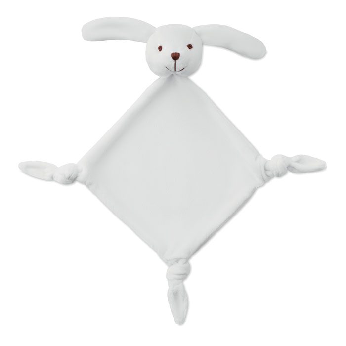 Manta de peluche con forma de conejo, ideal como regalo publicitario personalizado para empresas y eventos infantiles.