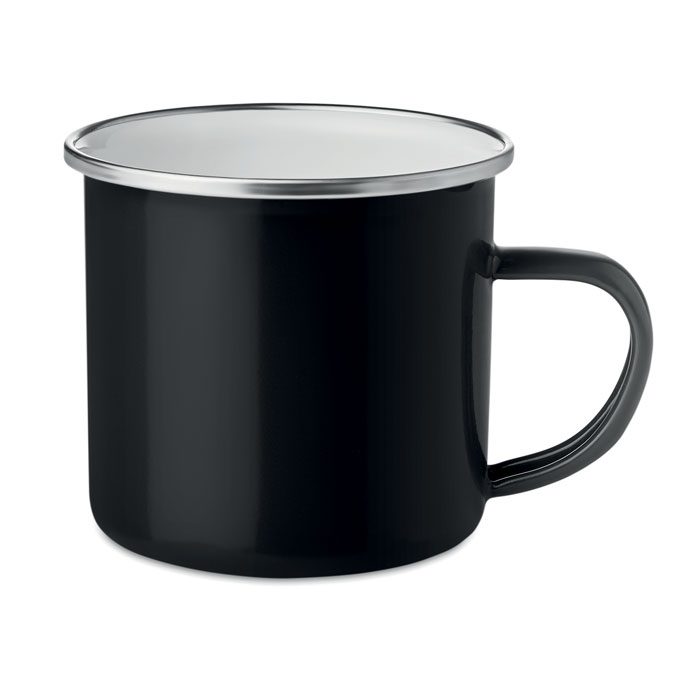 Taza personalizada negra con borde metálico, ideal para regalos publicitarios y promociones de empresas en eventos.