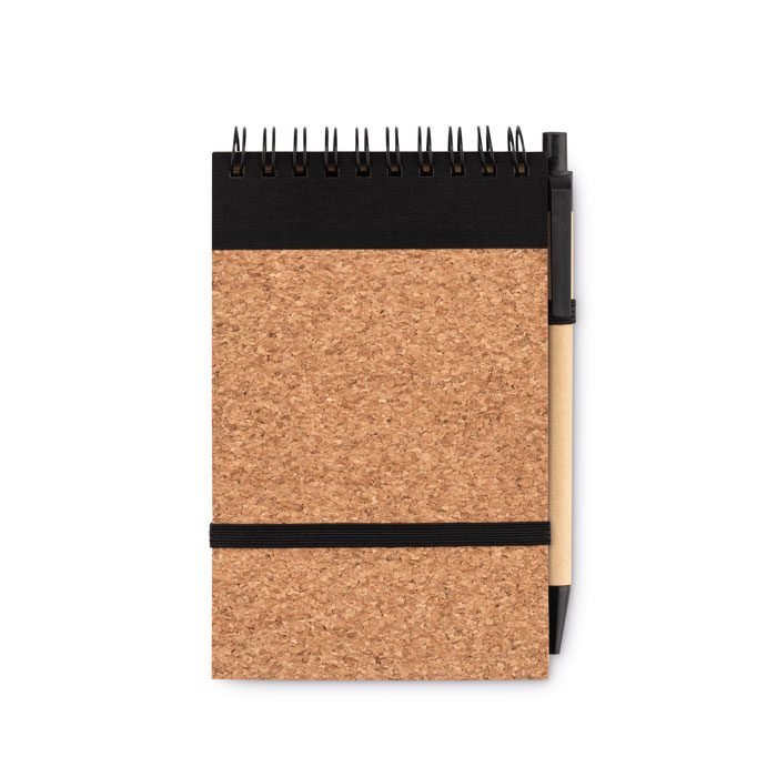 Cuaderno de corcho personalizado con logo, ideal como regalo publicitario para empresas en promociones y eventos.