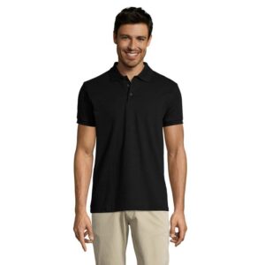 Camisa polo negra personalizada con logo, ideal para regalos publicitarios en empresas, promociones y eventos.