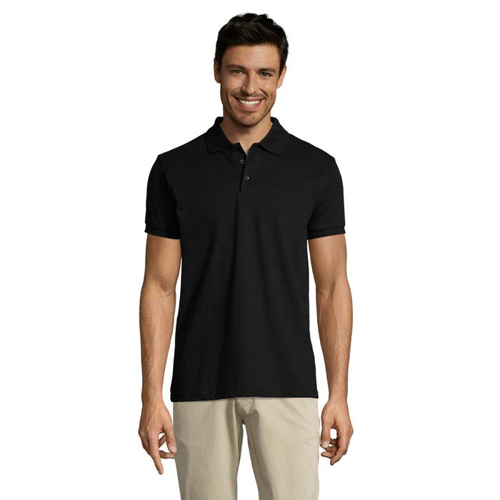 Camisa polo negra personalizada con logo, ideal para regalos publicitarios en empresas, promociones y eventos.