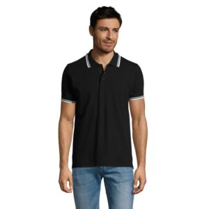 Camisa polo negra personalizada con logo, ideal para promociones, eventos y regalos publicitarios para empresas.