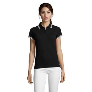 Polo negro personalizado con logo para empresas, ideal para promociones, eventos y publicidad corporativa efectiva.
