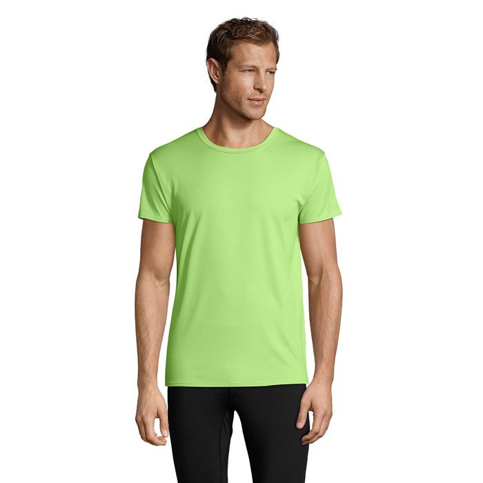 Camiseta personalizada verde neón, ideal para promociones y eventos empresariales, perfecta para publicidad con logo.