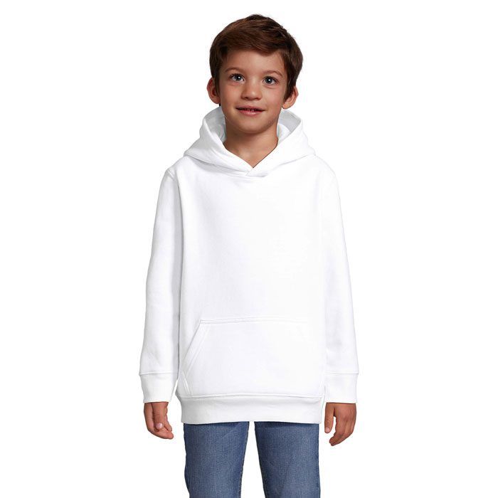Sudadera blanca personalizada con logo, ideal para regalos publicitarios en empresas, promociones y eventos.