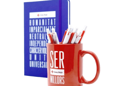 Regalos publicitarios personalizados: taza y cuaderno con logo, ideales para promociones y eventos de empresas.