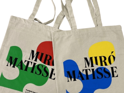 Dos bolsas de tela con diseño artístico de Miró y Matisse en colores vivos.