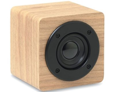 Altavoz de madera personalizado con logo, ideal para regalos publicitarios en empresas, promociones y eventos.