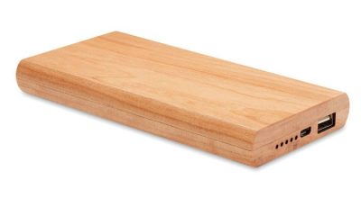 Power bank de madera personalizado, ideal como regalo promocional para empresas en eventos y promociones.